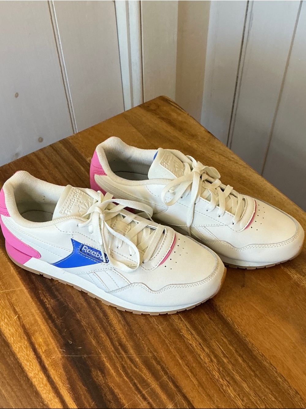 Reebok White Leather Sneakers with Blue Logo and Pink Details